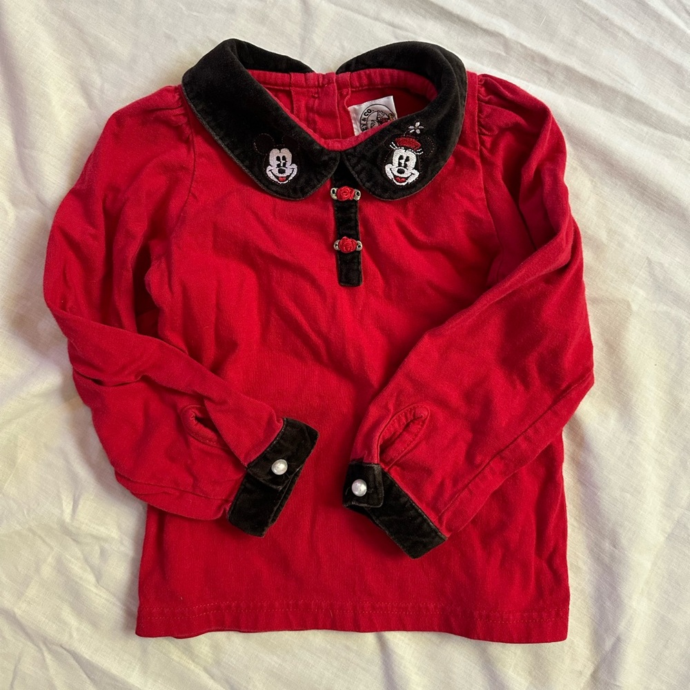 Vintage Disney Red Long Sleeve Shirt with Mickey and Minnie Mouse Embroidery